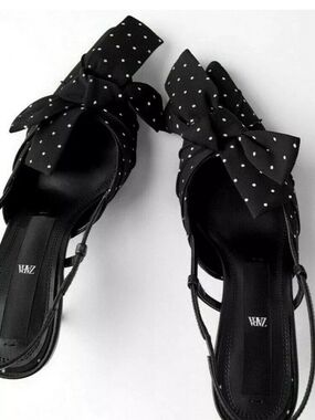 Zara Black Polka Dot Bow Slingback Sandals
